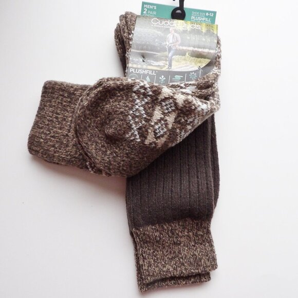 Cuddl Duds Mens ClimateSmart Plushfill Crew Socks 2 Pairs Java Brown & Pattern - Picture 5 of 7